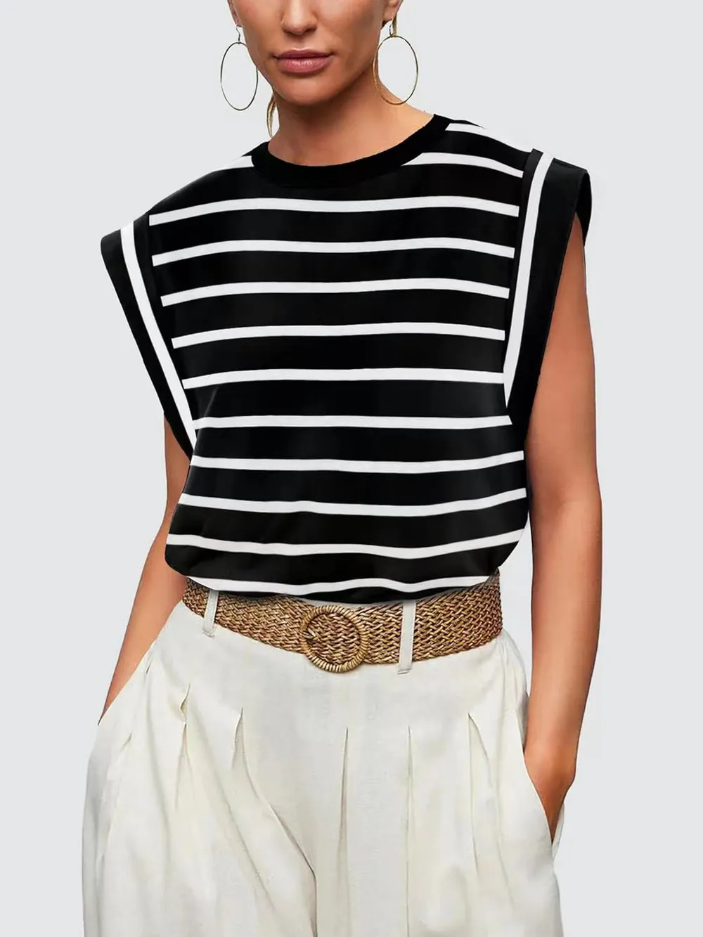 Striped Round Neck Cap Sleeve T-Shirt, image 5