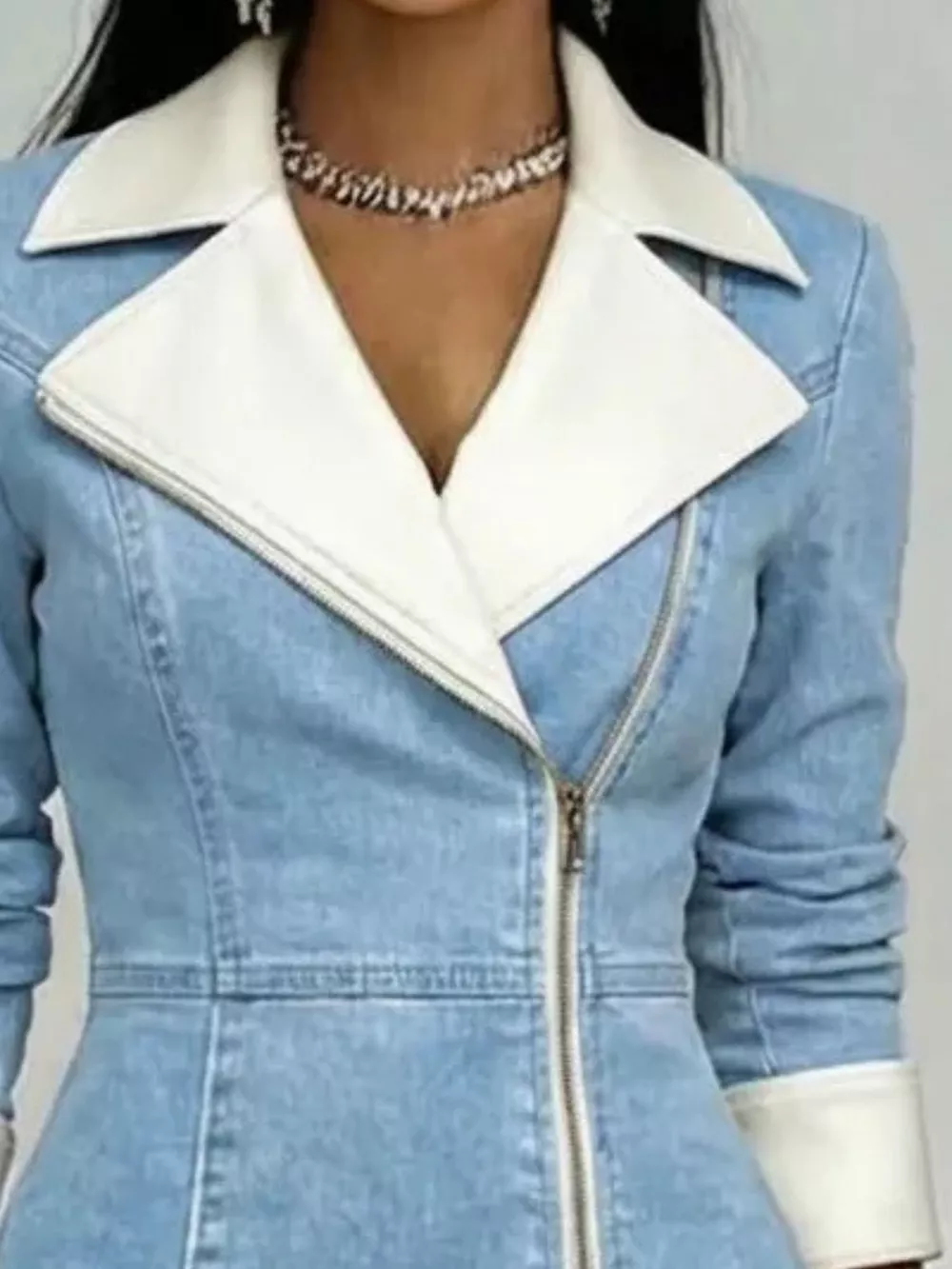 Full Size Contrast Lapel Zip-Front Denim Dress Plus Size, image 6