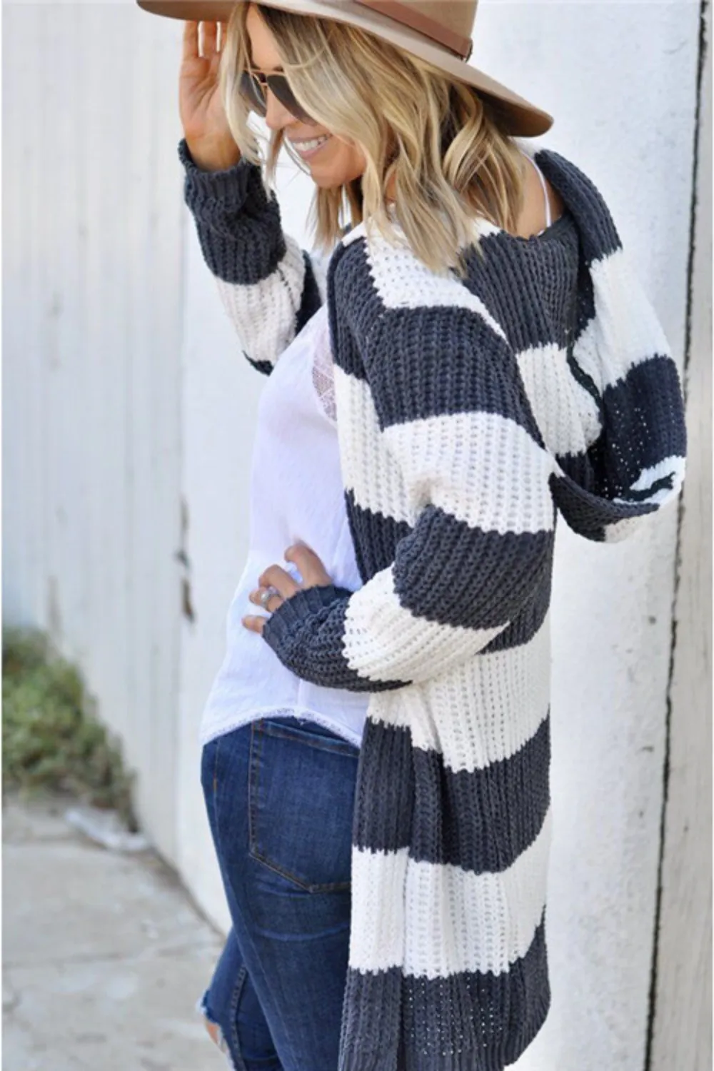 Contrast Stripes Open Front Long Sleeve Cardigan, image 5
