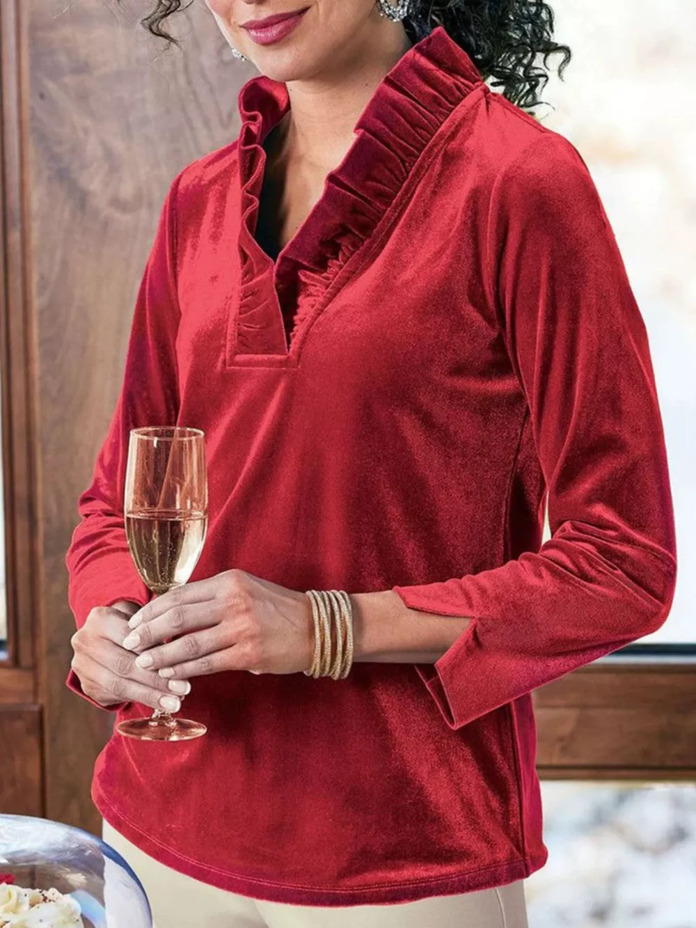 Velvet Long Sleeve Blouse with Ruffled V-Neck, image 9