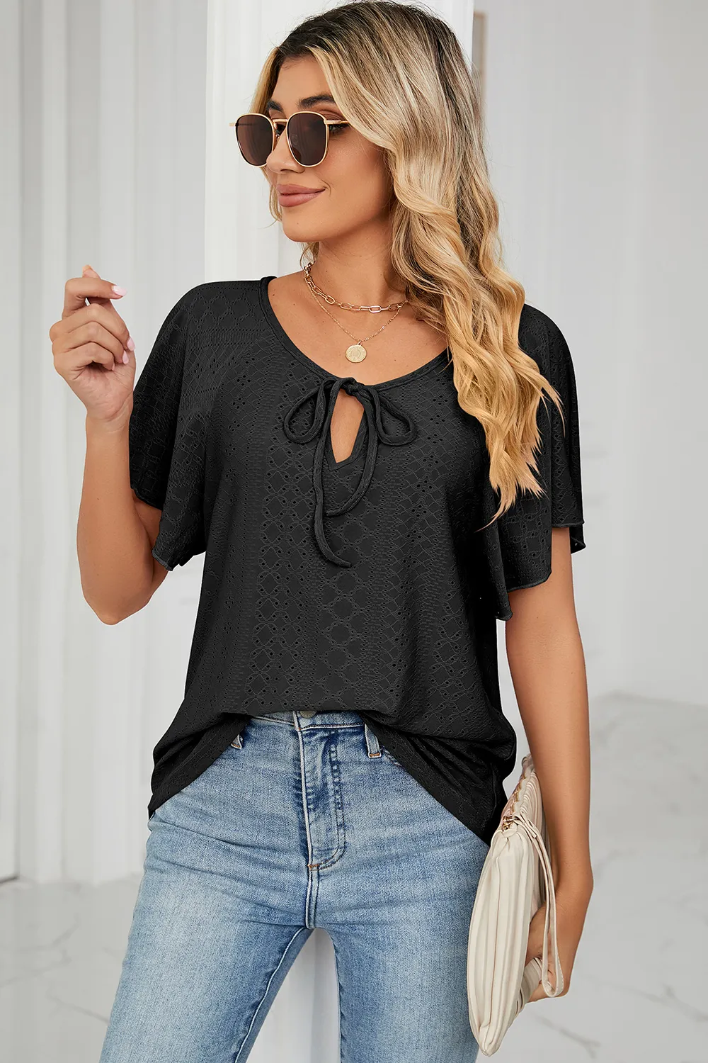 Eyelet Tie Neck Flutter Sleeve Blouse, image 13