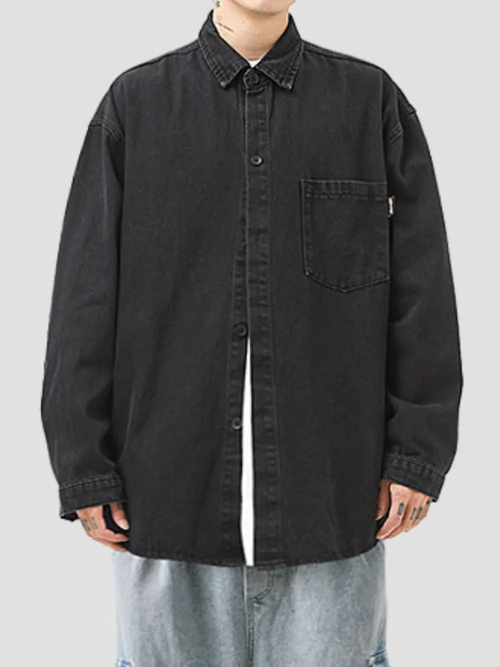 Men's Plus Size Collared Neck Long Sleeve Denim Shirt