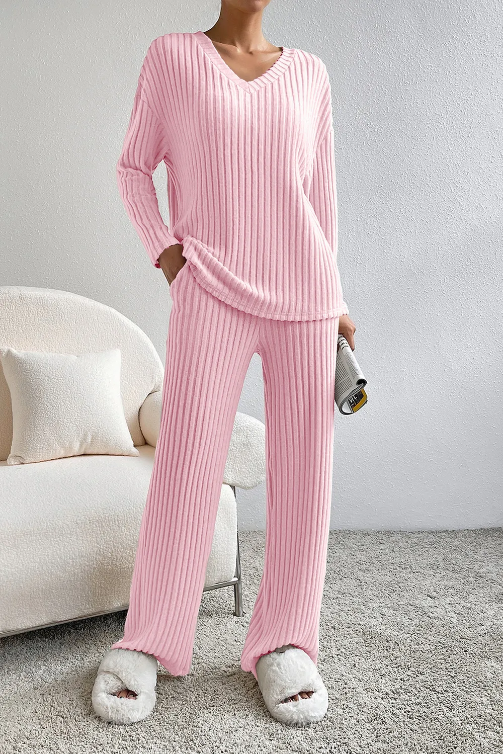 Ribbed V-Neck Top and Pants Lounge Set, image 12