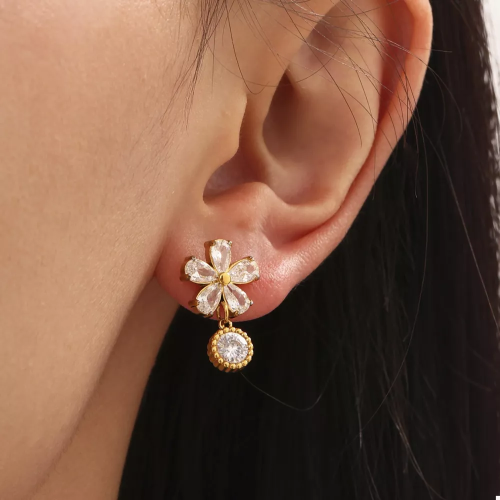 18K Gold-Plated Stainless Steel Zircon Flower Drop Earrings, image 2
