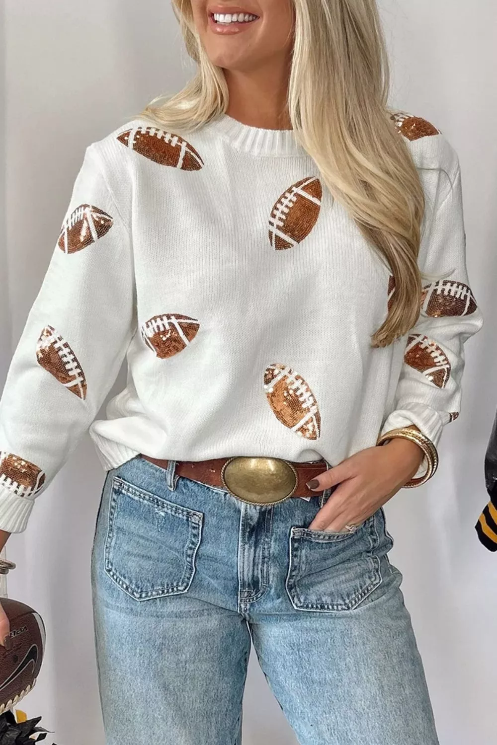 Sequin Football Print Round Neck Long Sleeve Loose Fit Sweater, image 4