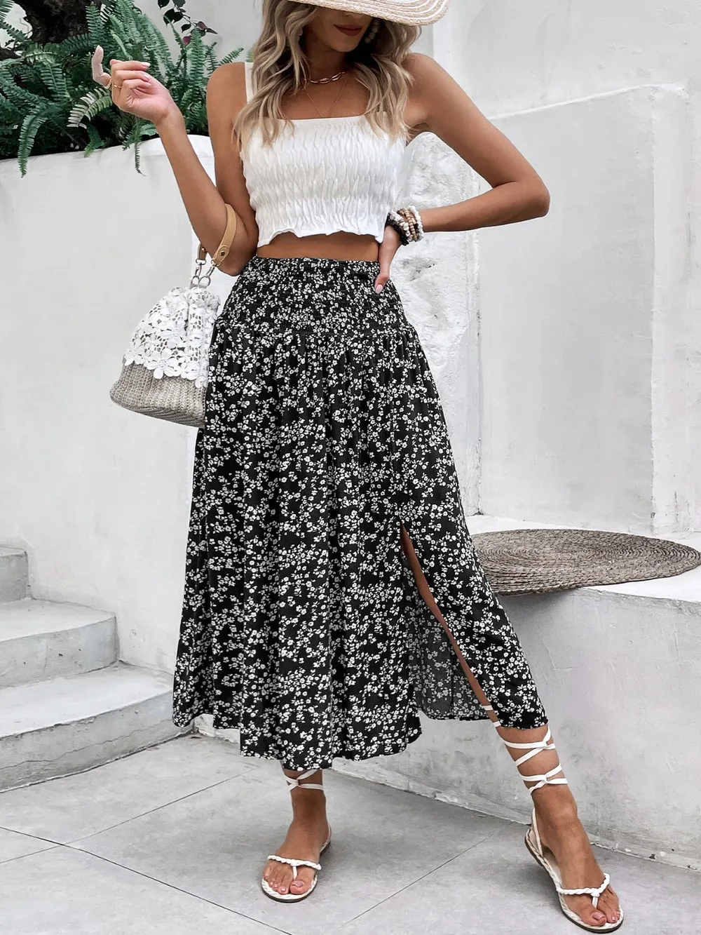Slit Smocked Printed Skirt, image 3