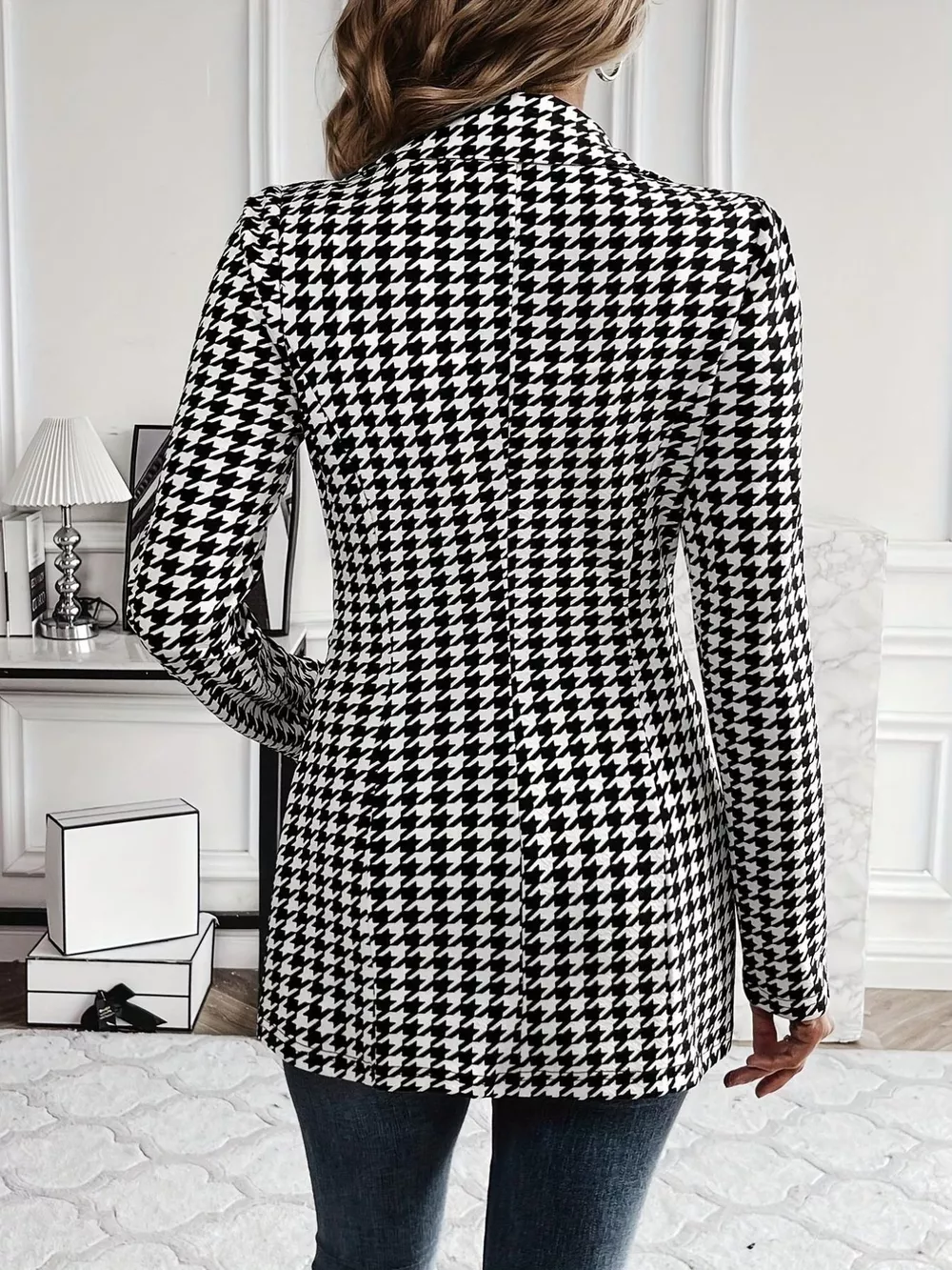 Houndstooth Print Lapel Collar Blazer, image 2