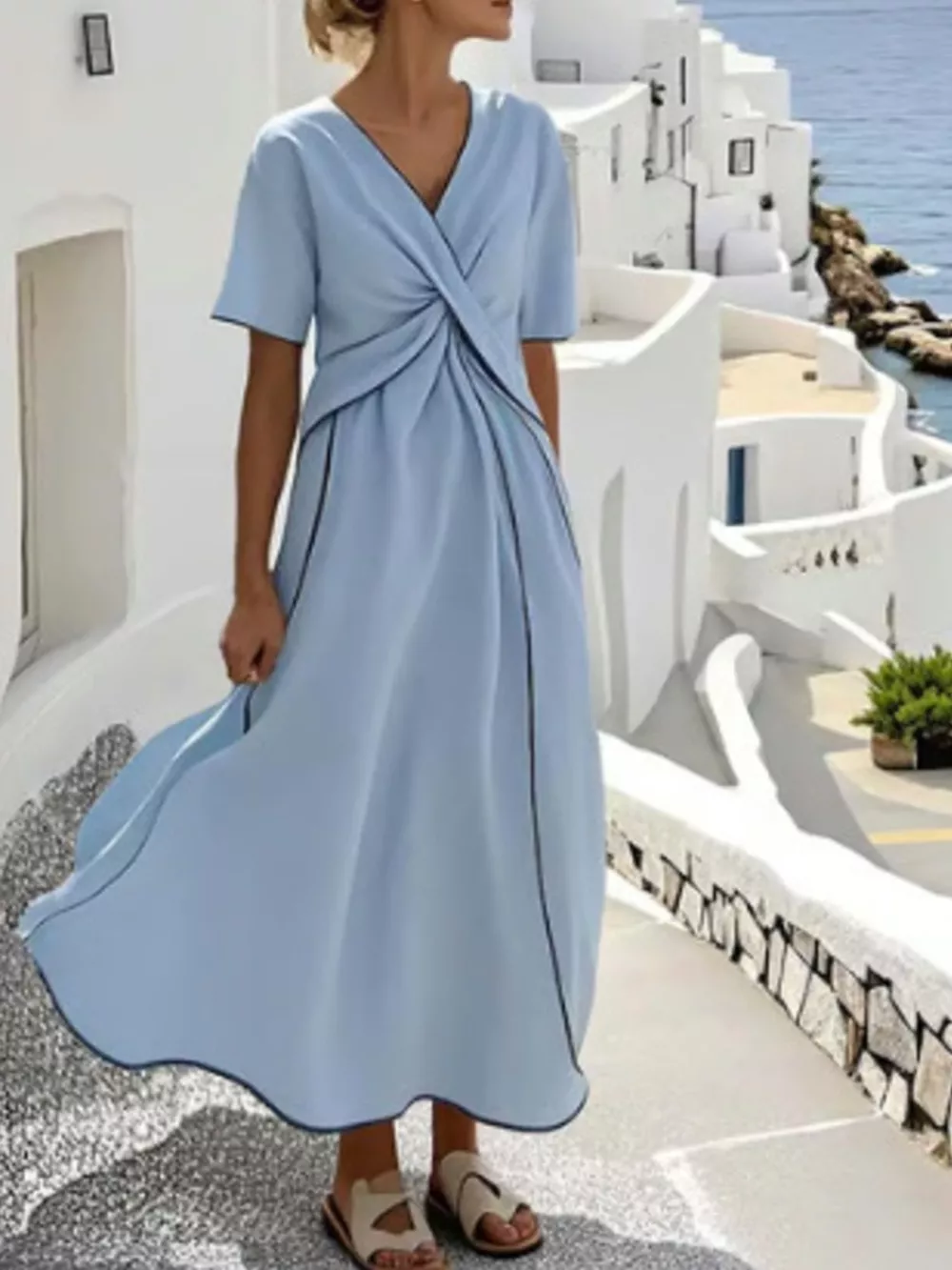 Full Size Striped Surplice Half Sleeve Midi Dress Plus Size, image 13