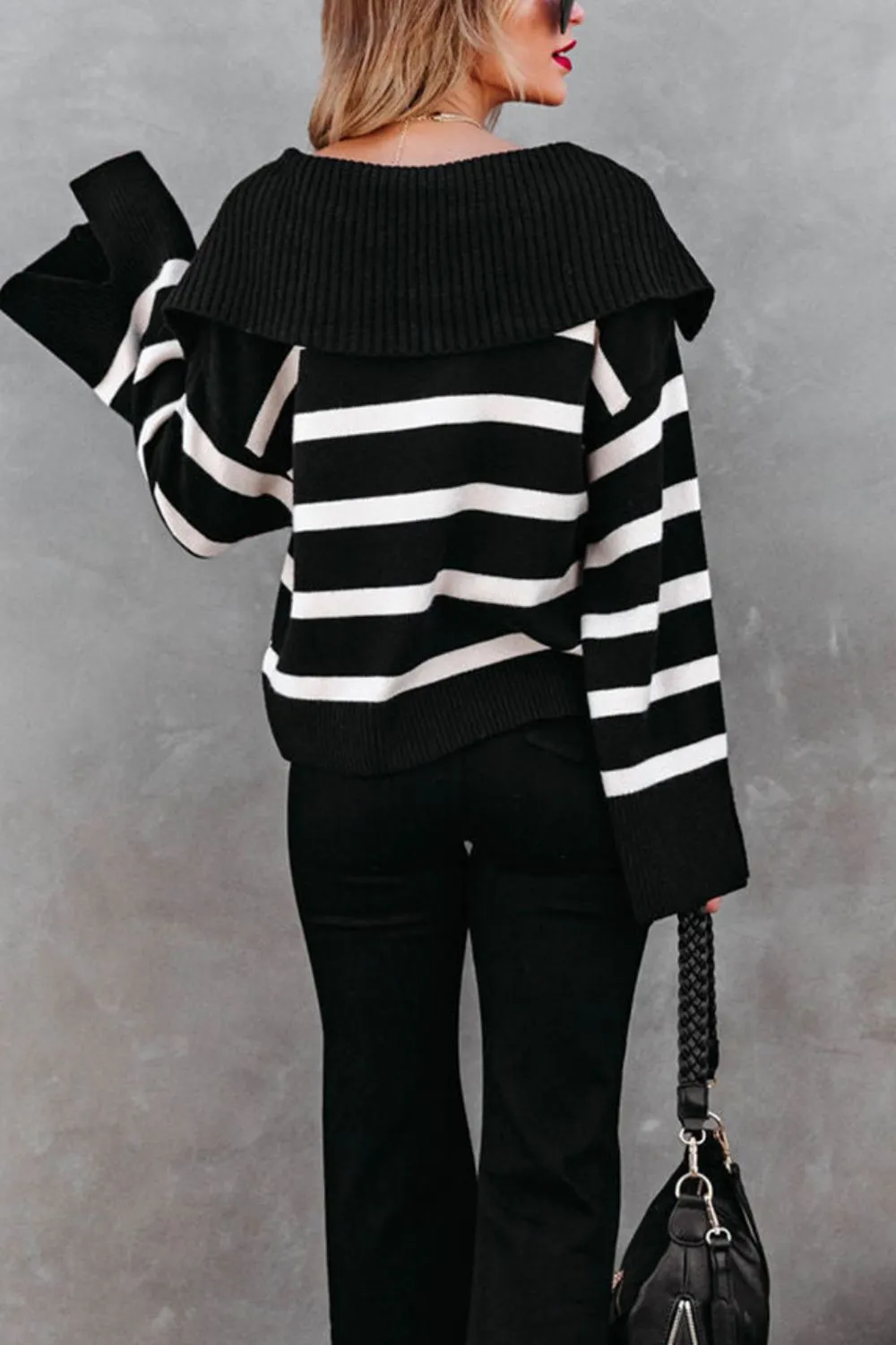 Striped Johnny Collar Long Sleeve Sweater, image 4