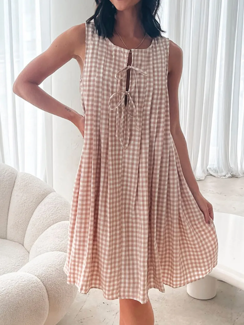 Tied Front Sleeveless Plaid Dress, image 3