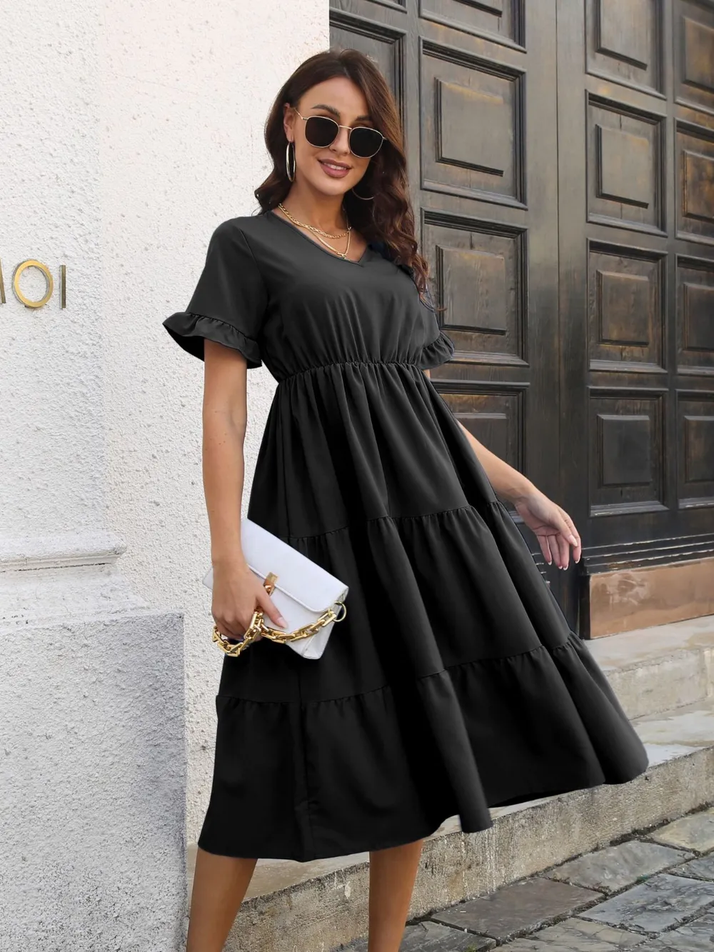 V-Neck Short Sleeve Midi Dress, image 2