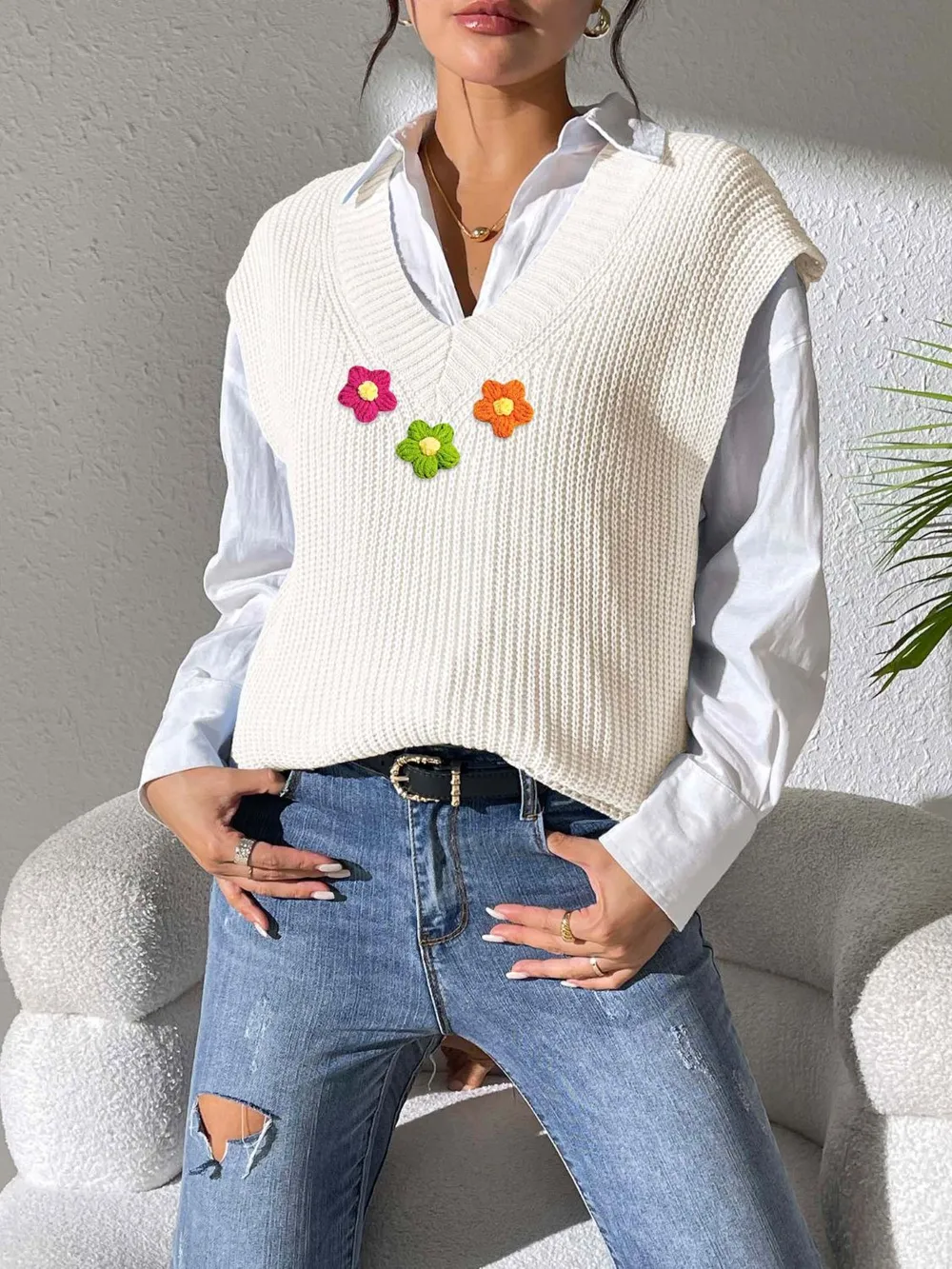 Flower V-Neck Sweater Vest, image 2