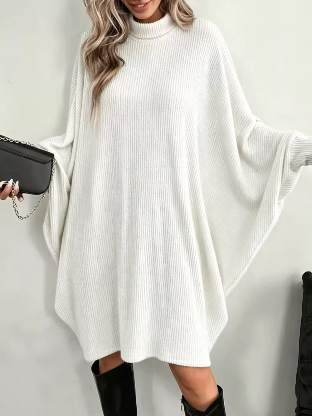 Oversized Batwing Sleeve Ribbed Knit Turtleneck Dress, image 13