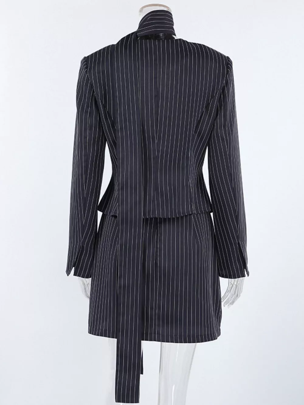 Striped Blazer & Mini Skirt Set with Neck Tie, image 3
