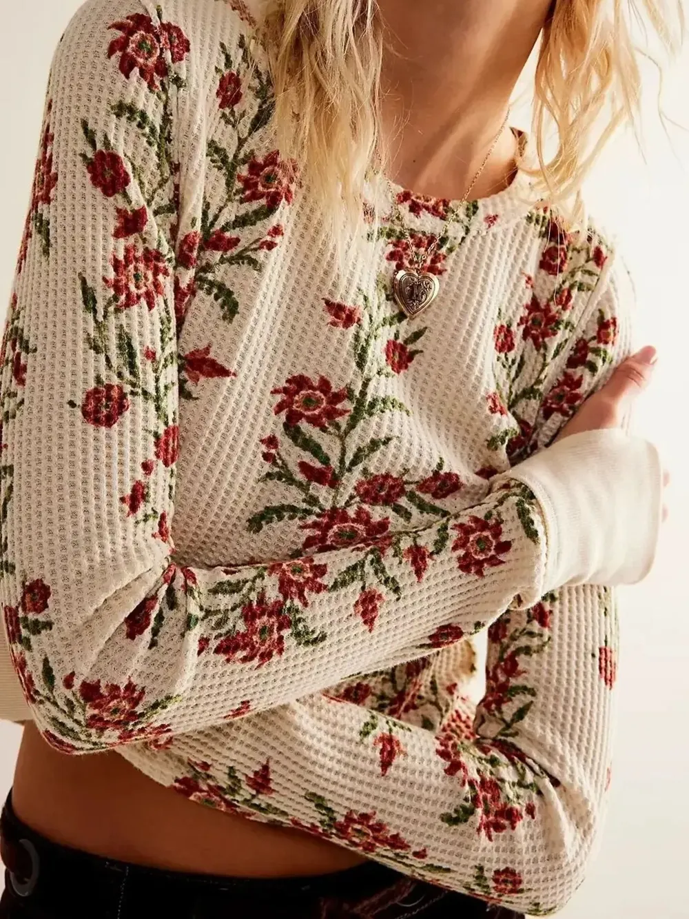 Floral Print Waffle Knit Top, image 4
