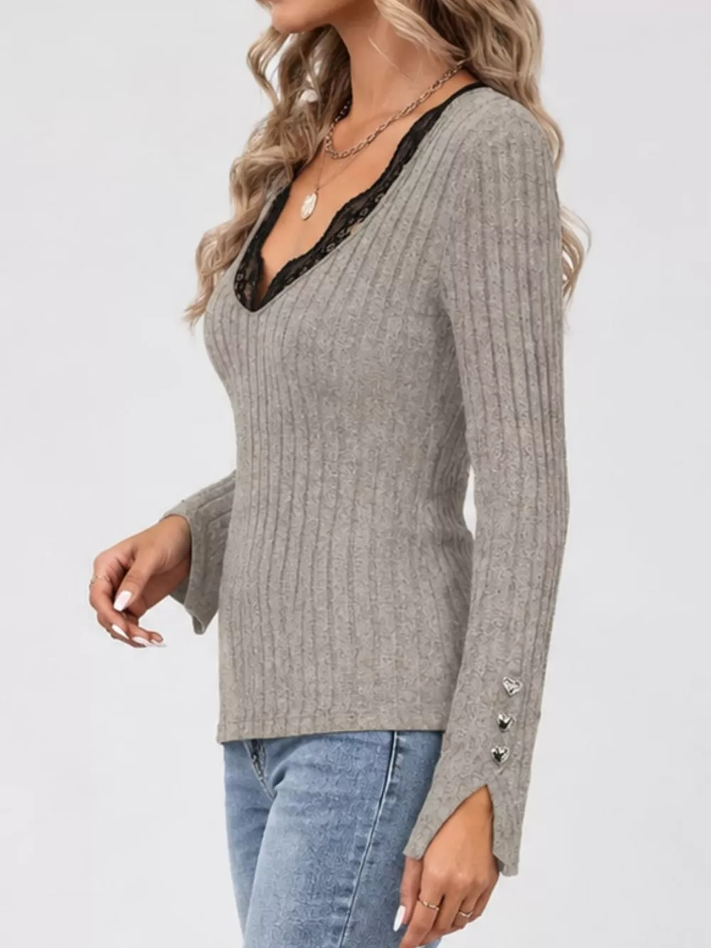 Lace Trim V-Neck Ribbed Knit Top with Heart Decor Cuffs, image 6