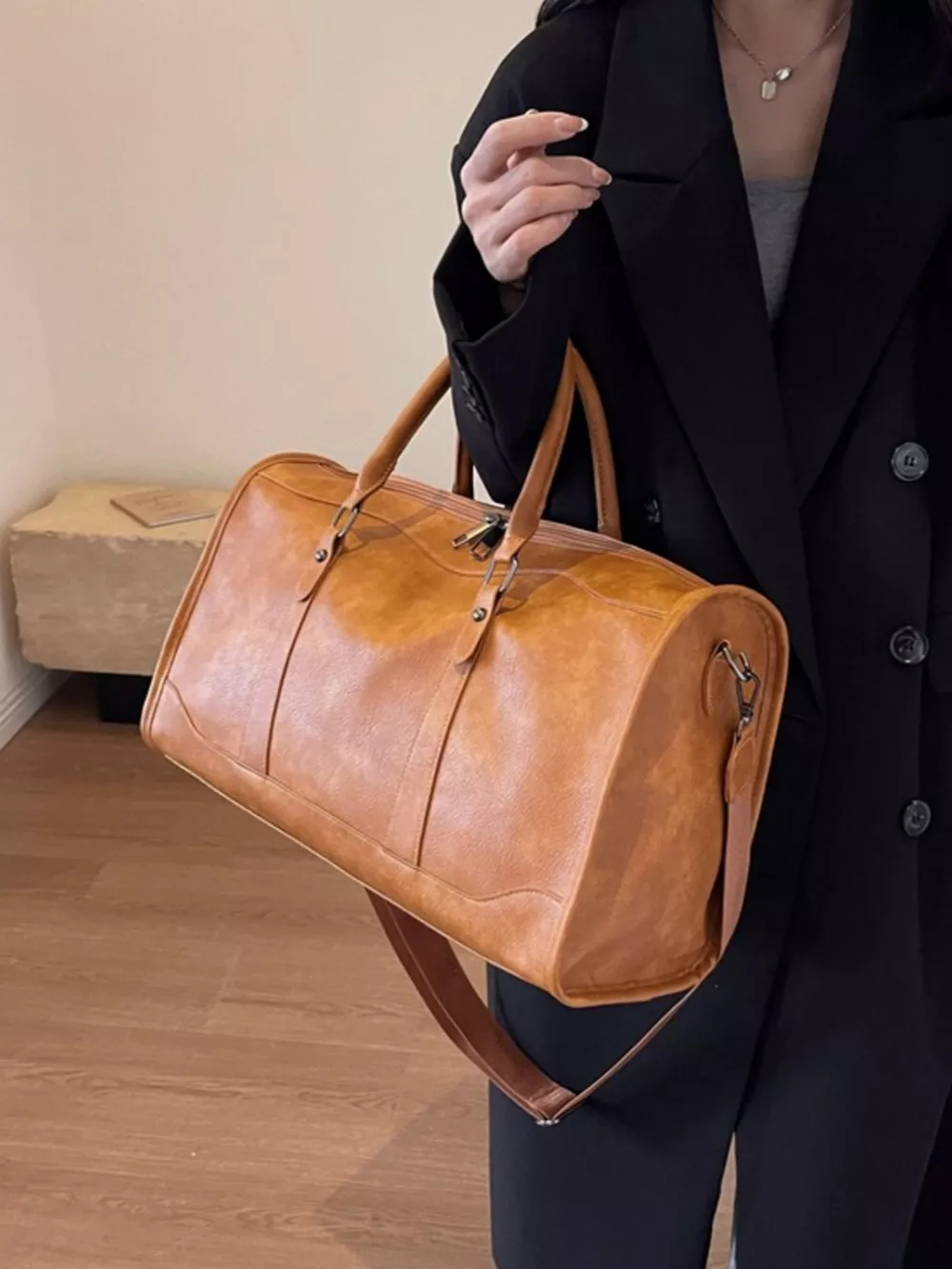 Vintage Leather Duffle Bag, image 4