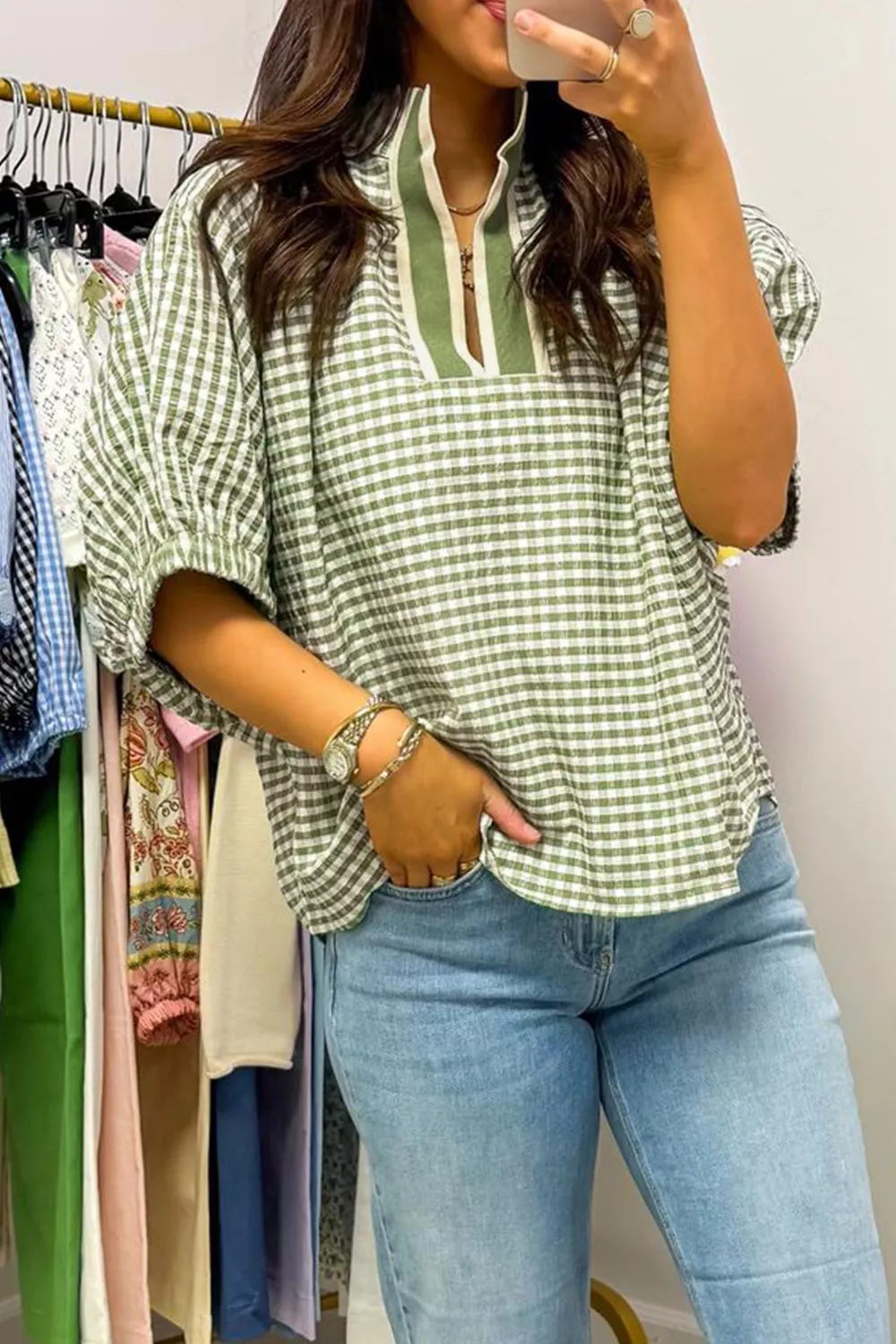 Gingham Half Sleeve Blouse, image 3