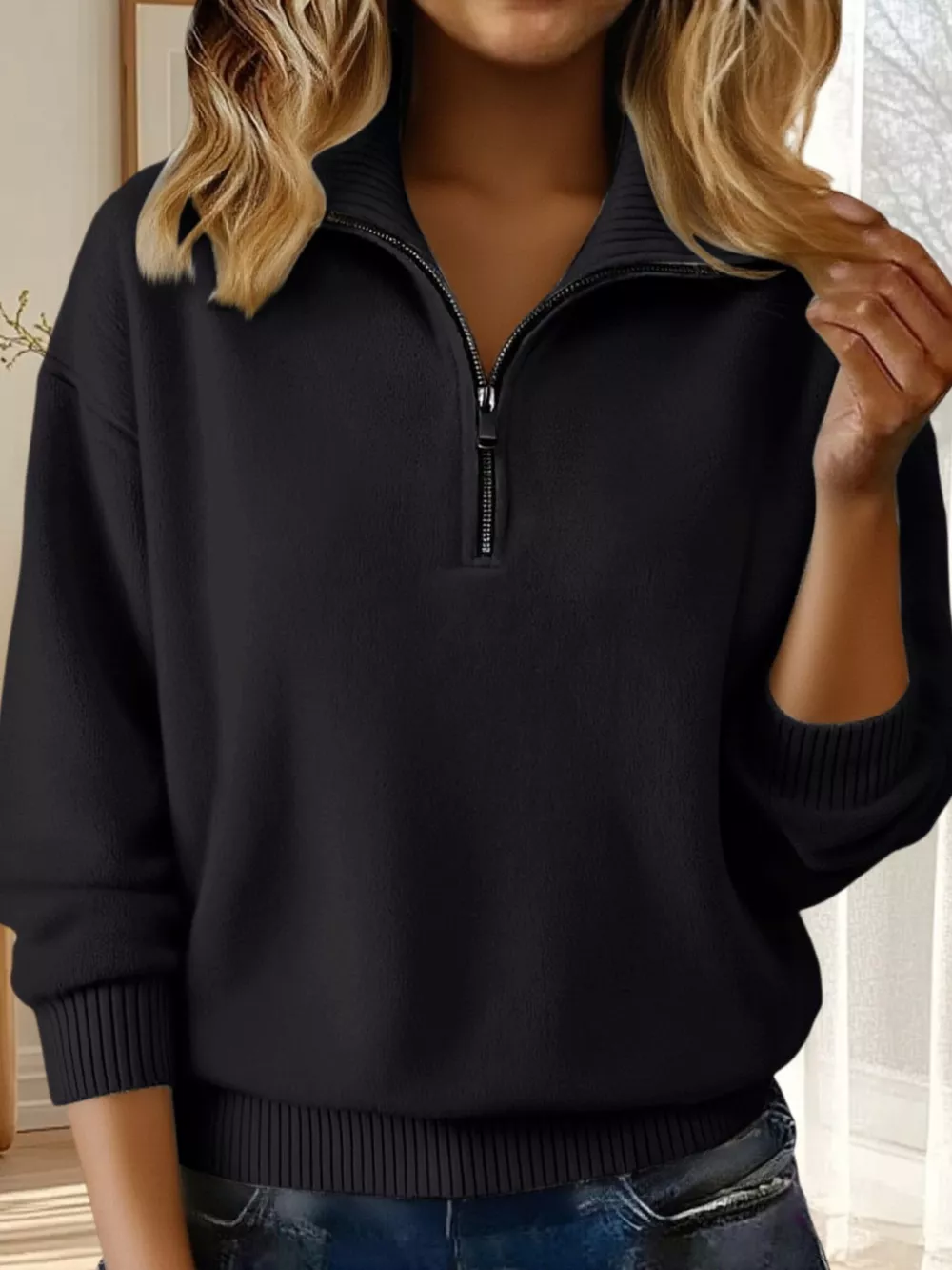 Full Size Half Zip Dropped Shoulder Sweater Plus Size, image 7