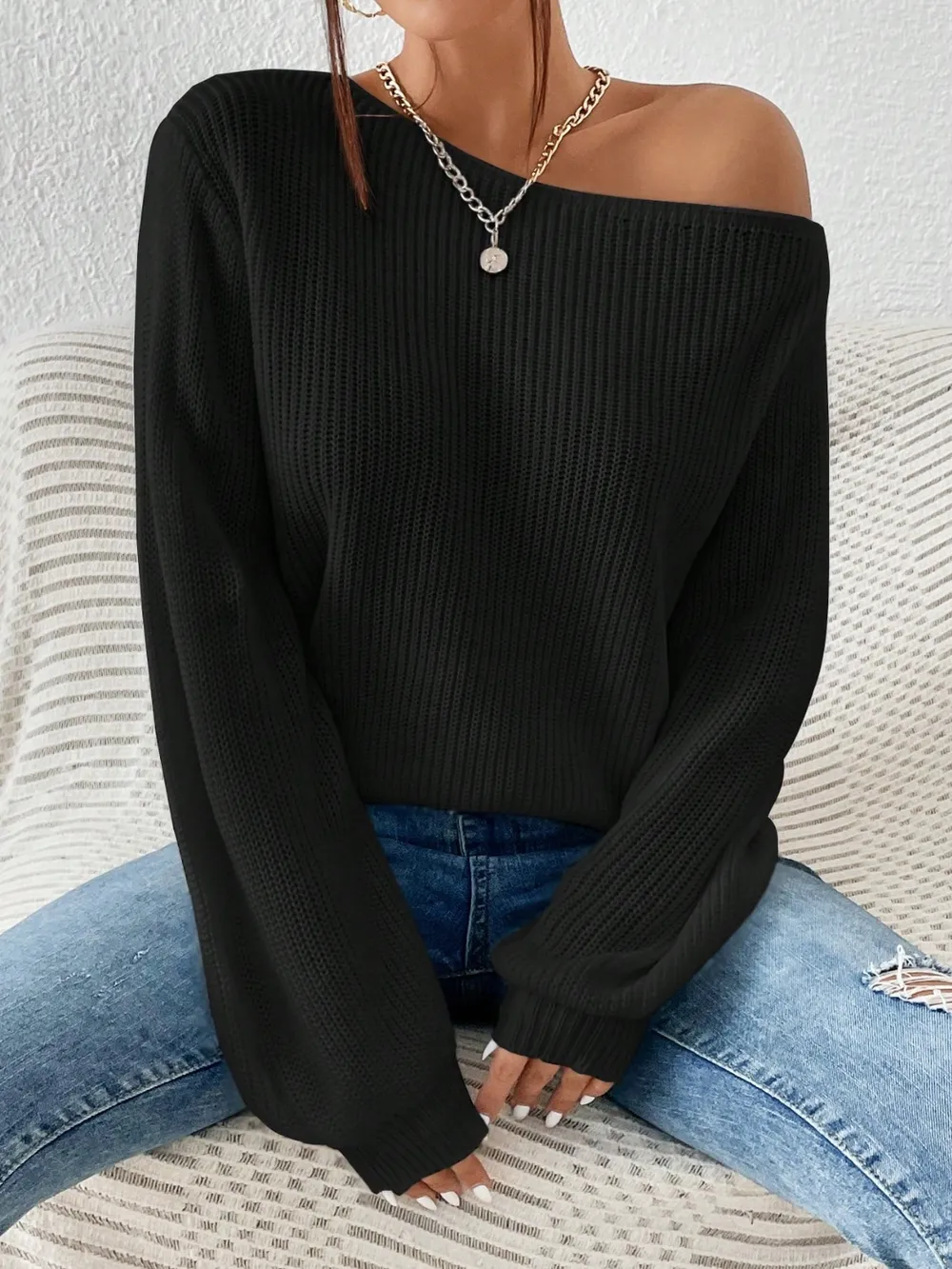 Single Shoulder Long Sleeve Sweater, image 4