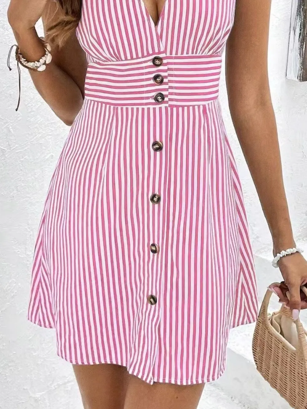 Striped Button Front Cap Sleeve Dress, image 4