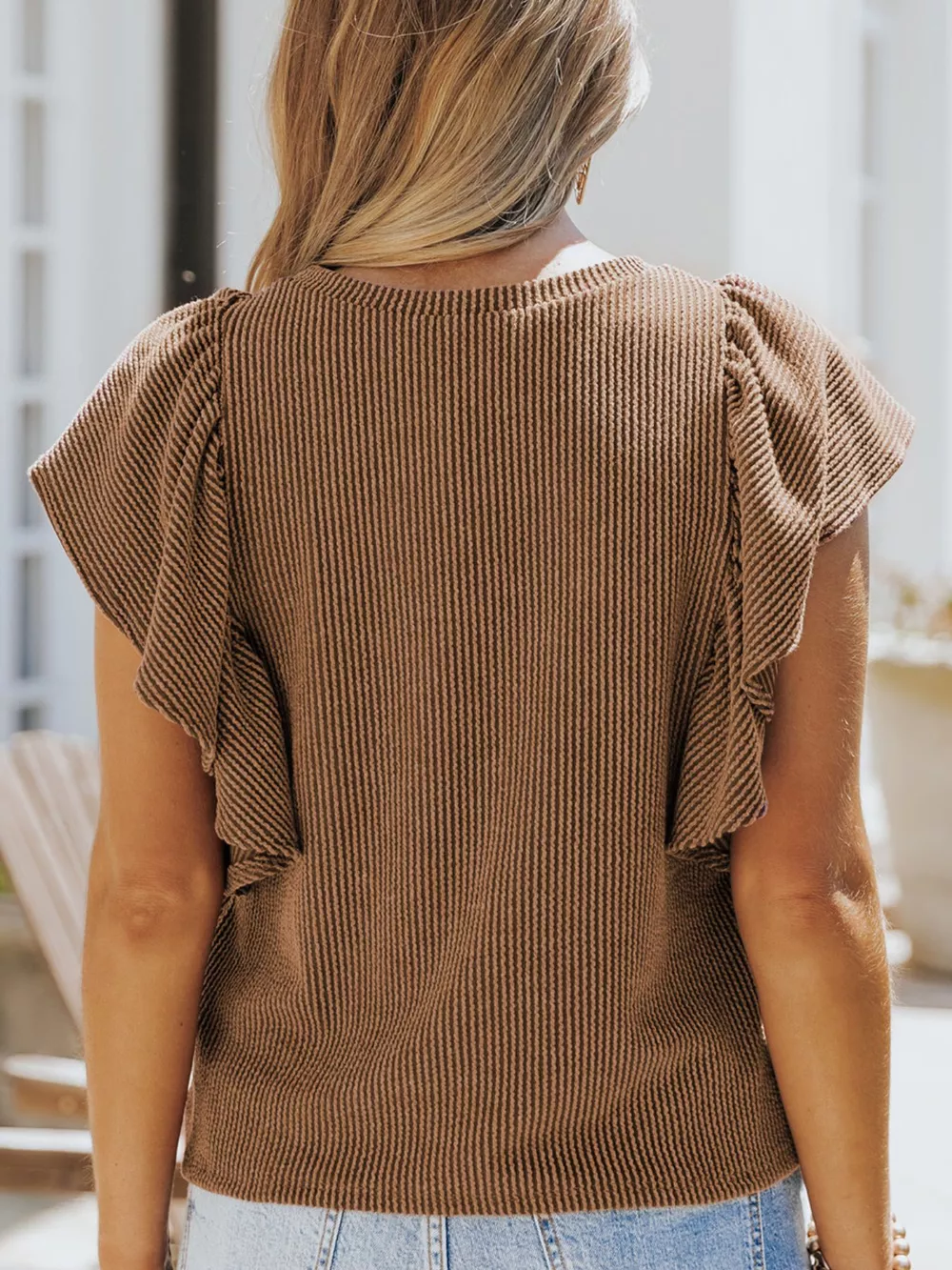 Full Size Ruffled Sleeve Ribbed Knit T-Shirt Plus Size, image 7