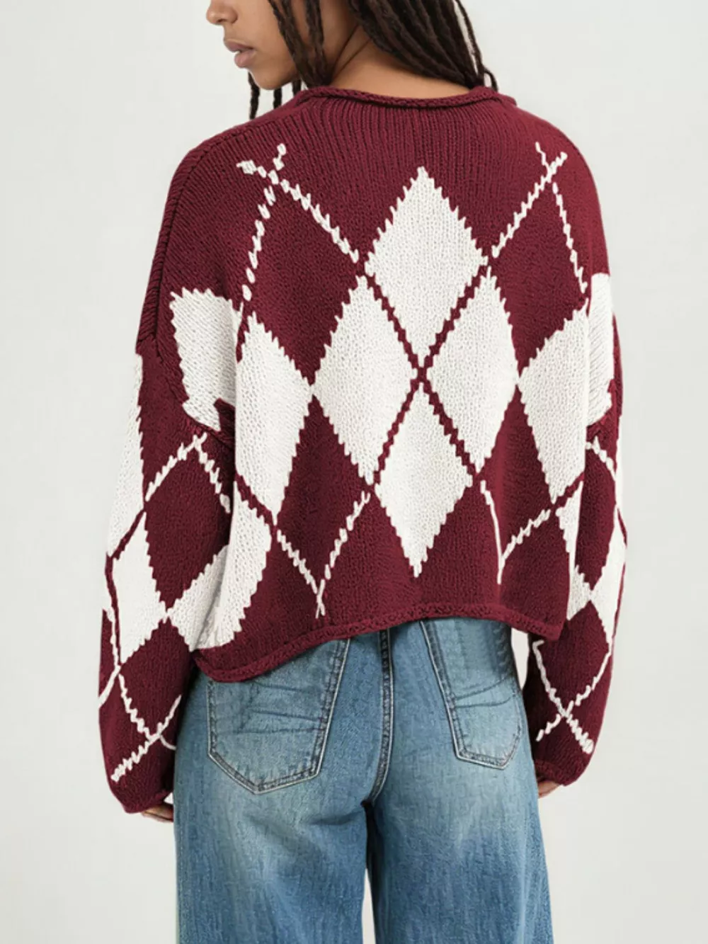 Argyle Pattern Knit Dropped Shoulder Sweater, image 12