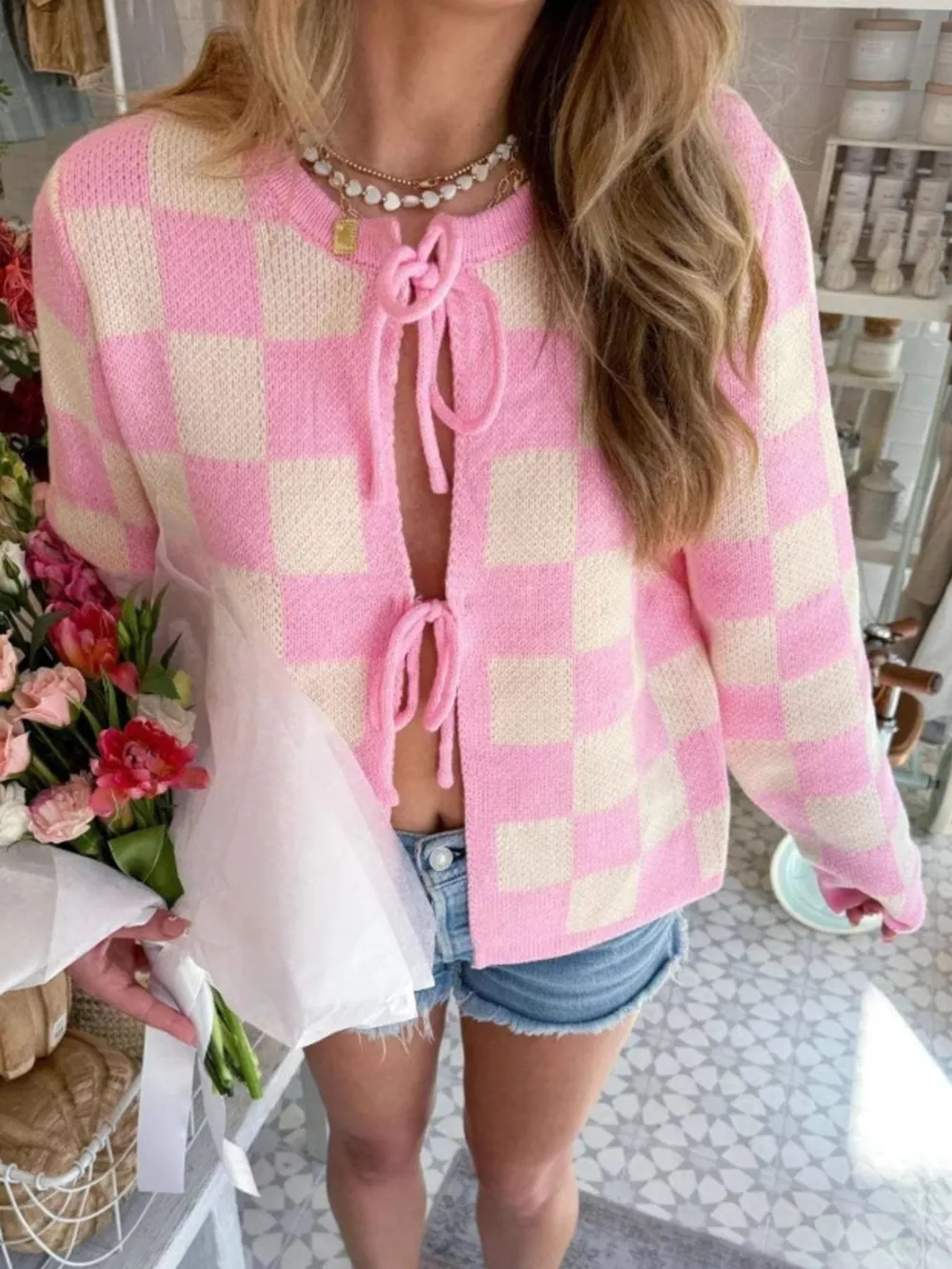 Checkered Tie-Front Cropped Cardigan, image 5