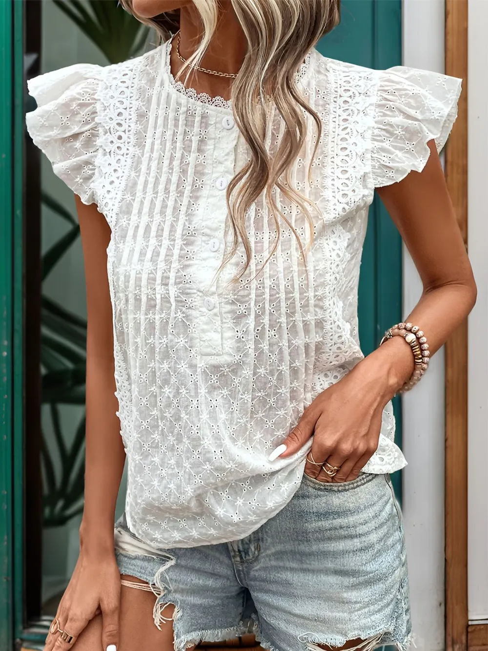Lace Detail Eyelet Ruffle Cap Sleeve Blouse, image 3
