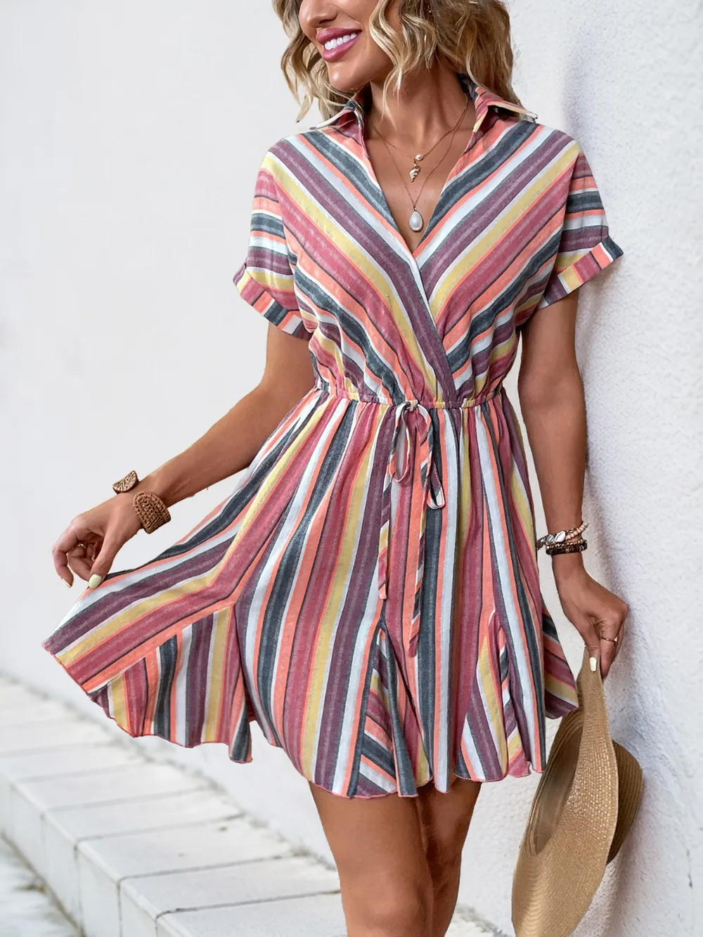 Striped Surplice Short Sleeve Dress, image 3