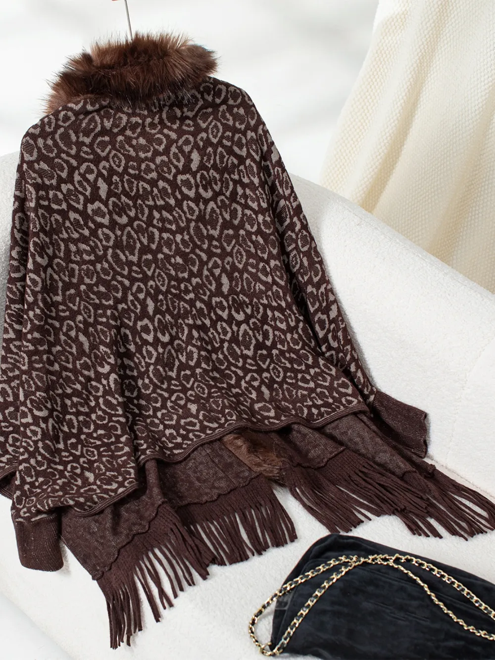 Fringe Leopard Open Front Long Sleeve Poncho, image 6