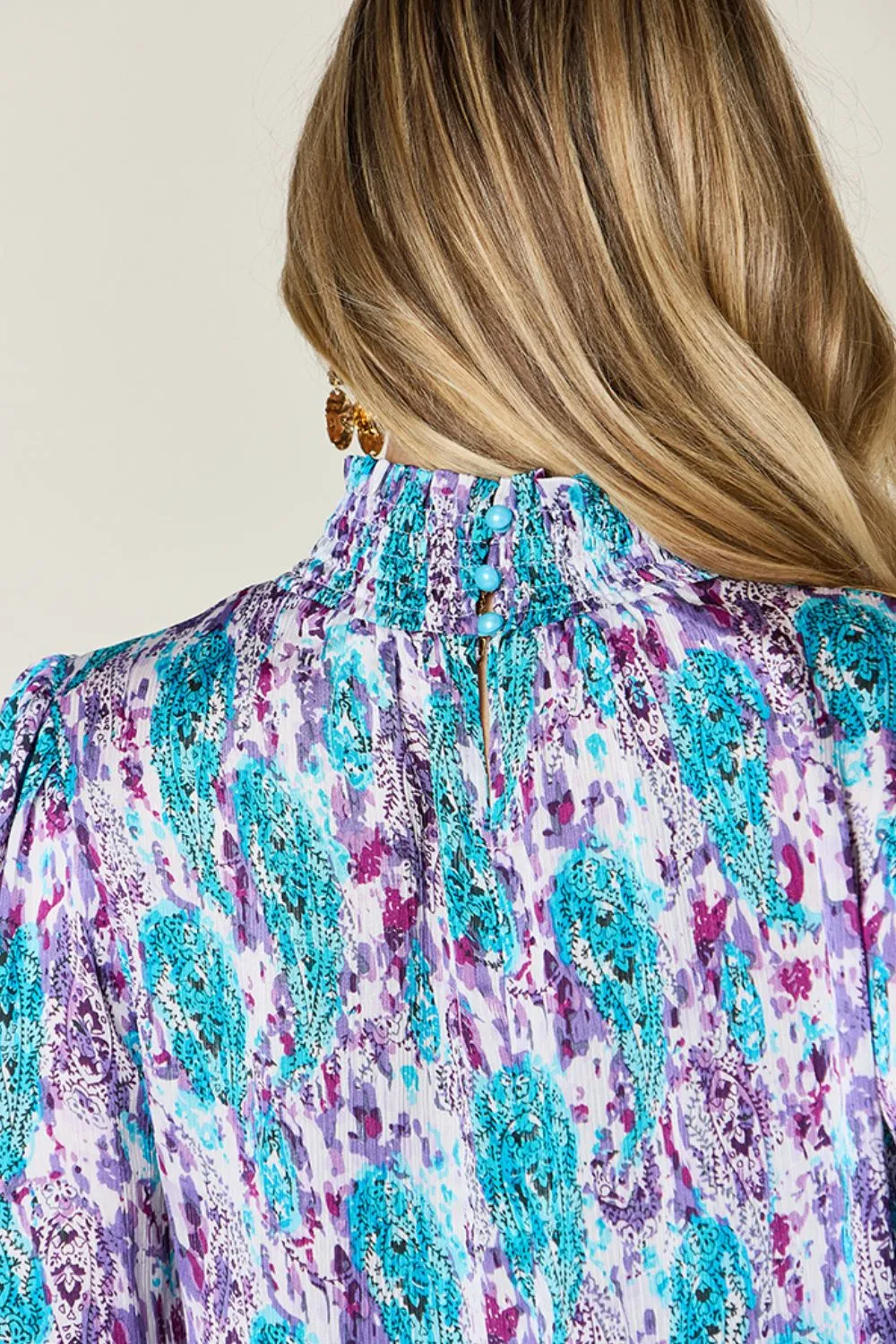 Full Size Printed Smocked Long Sleeve Blouse, image 7