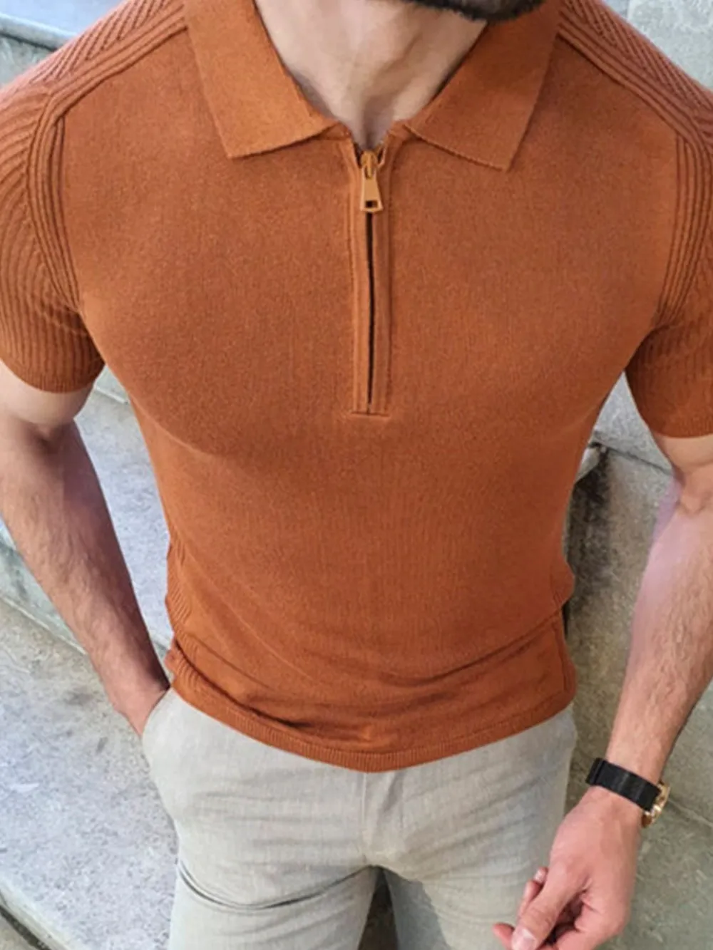 Men's Collared Neck Quarter Zip Knit Polo, image 2