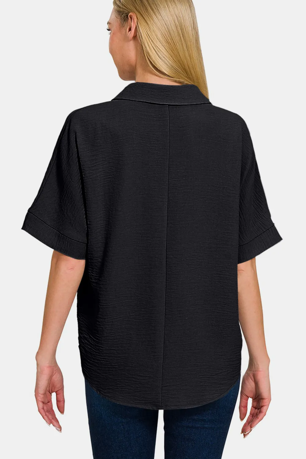 Full Size Texture Collared Neck Short Sleeve Top, image 2