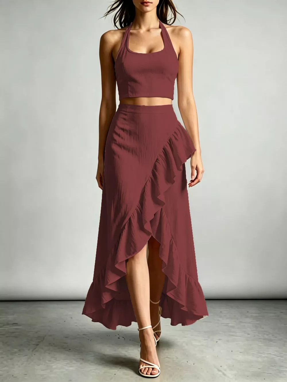 Halter Neck Crop Top and High-Low Maxi Skirt Two-Piece Set, image 10