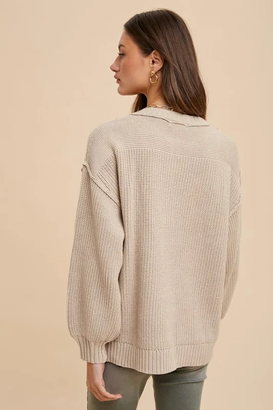 Half Button Ribbed Hem Sweater, image 3