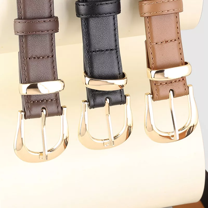 Leather Skinny Belt with Golden Buckle, image 2