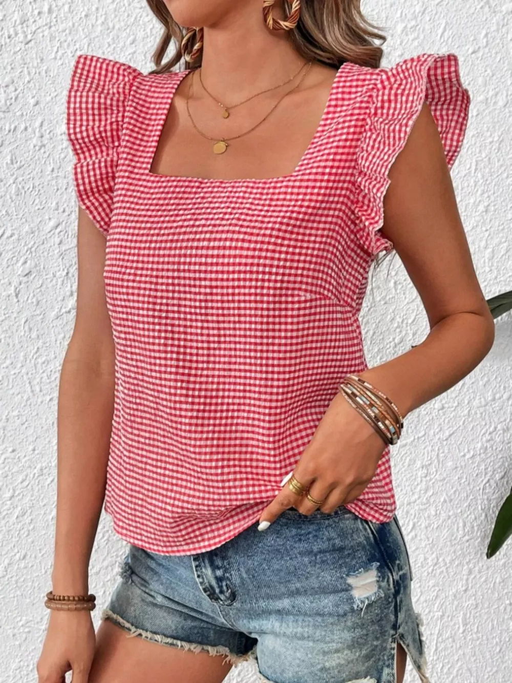 Gingham Ruffle Sleeve Square Neck Blouse, image 4