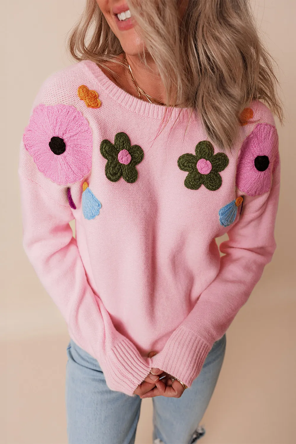 Crochet Flower Round Neck Dropped Shoulder Sweater, image 6
