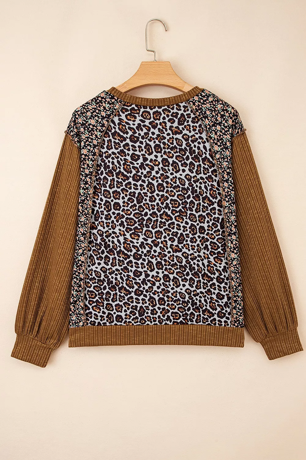 Leopard Floral Print Ribbed Puff Sleeve Patchwork Loose Sweatshirt, image 6