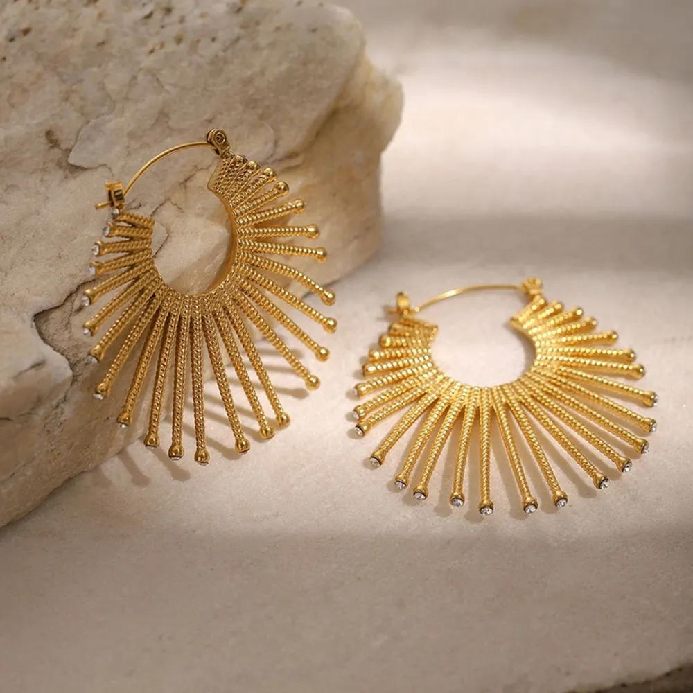 Golden Sunburst Fan Hoop Earrings, image 3