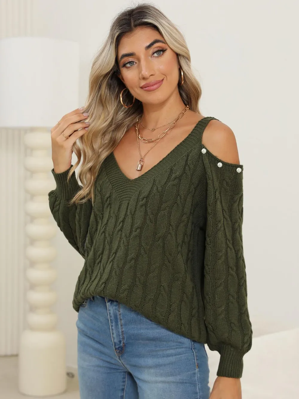 Cable-Knit Cold Shoulder Sweater, image 3