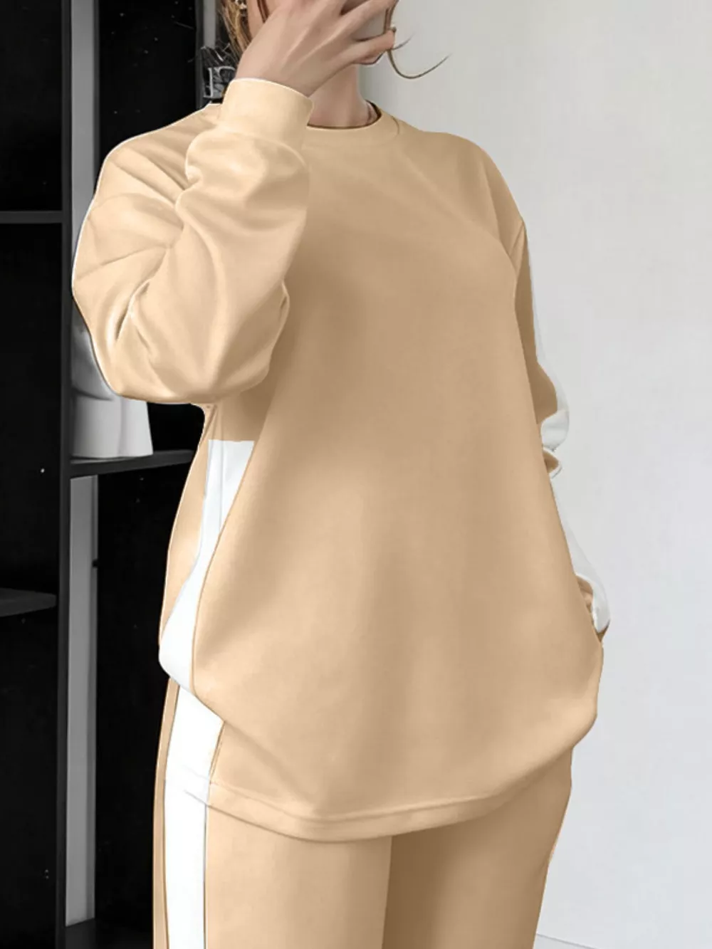Full Size Contrast Round Neck Top and Pants Set Plus Size, image 21