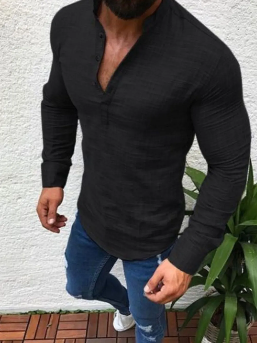 Men's Full Size Slim Fit Henley Long Sleeve Top Plus Size