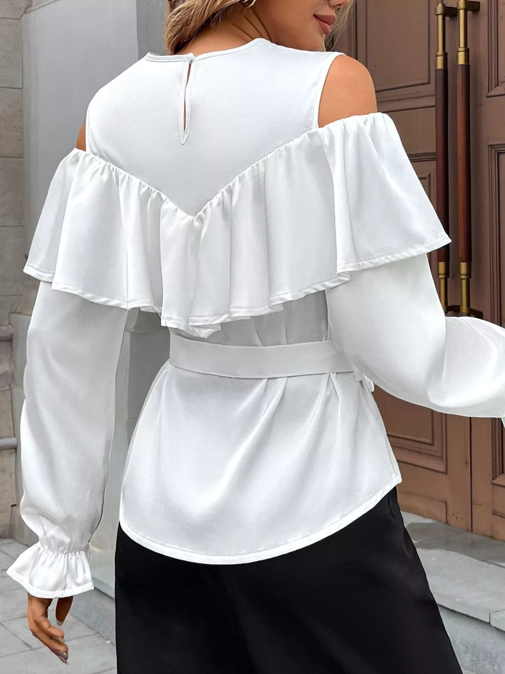 Ruffled Cold Shoulder Flounce Sleeve Blouse, image 2