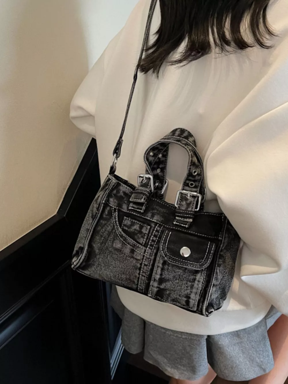 Vintage Washed Denim Crossbody Bag, image 4