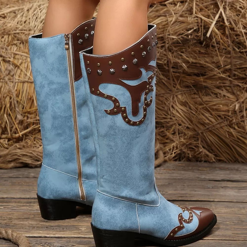 Western-Style Studded Two-Tone Mid-Calf Cowboy Boots, image 9