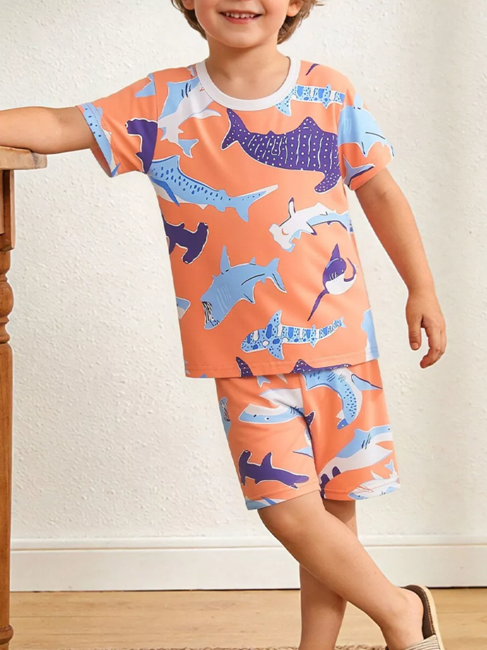 Children's Shark Print Casual Tee and Shorts Set