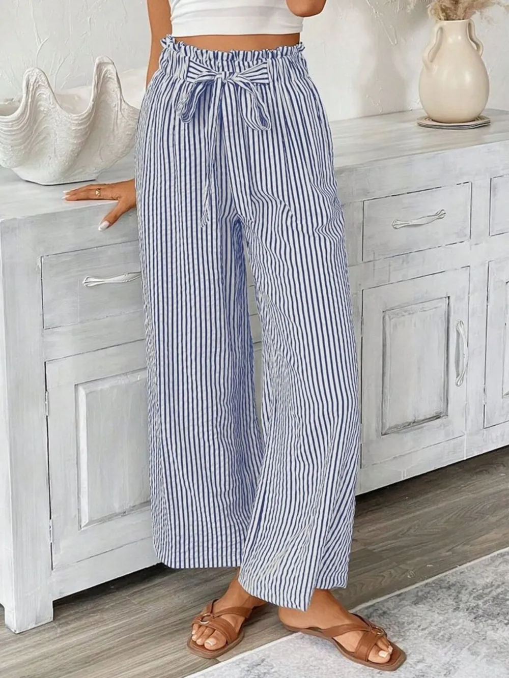 Full Size Striped Wide Leg Paper Bag Pants Plus Size, image 3