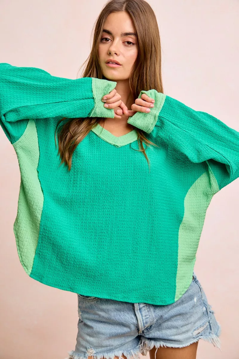 Textured Jersey Color Block Top With Cut Edge, image 2